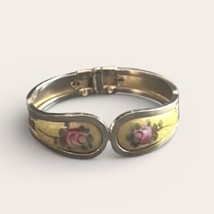 Authentic vintage Guilloche enamel clamper bracelet with hand-painted pink roses